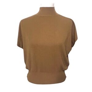 Womens Camel Brown Ribbed Mock Neck Dolman Short Sleeve Light Knit Sweater Top M